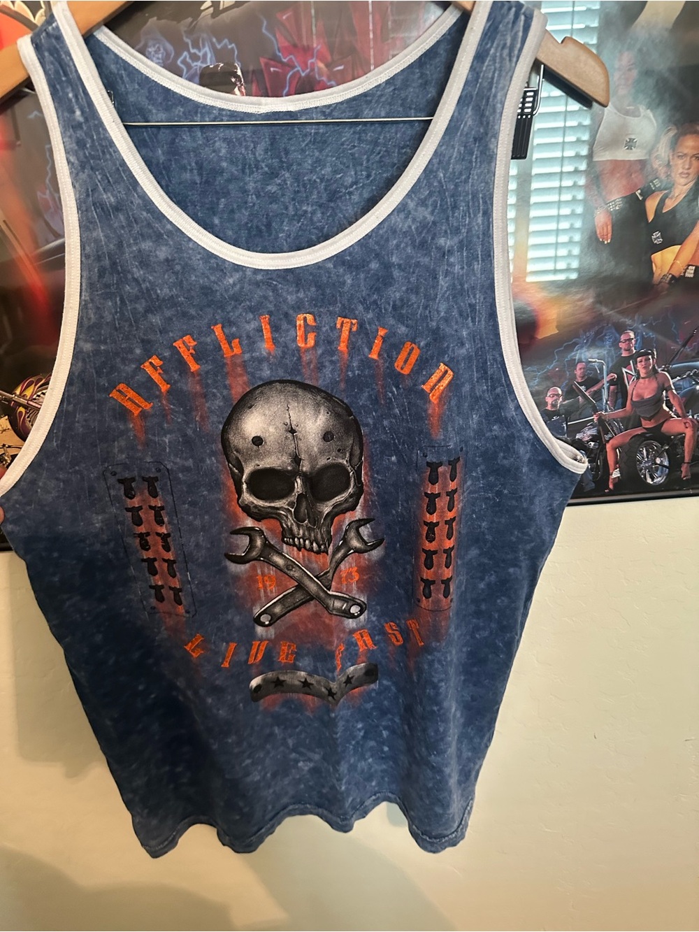 Affliction Men’s Washed Blue Graphic Tank with Skull and Wrenches